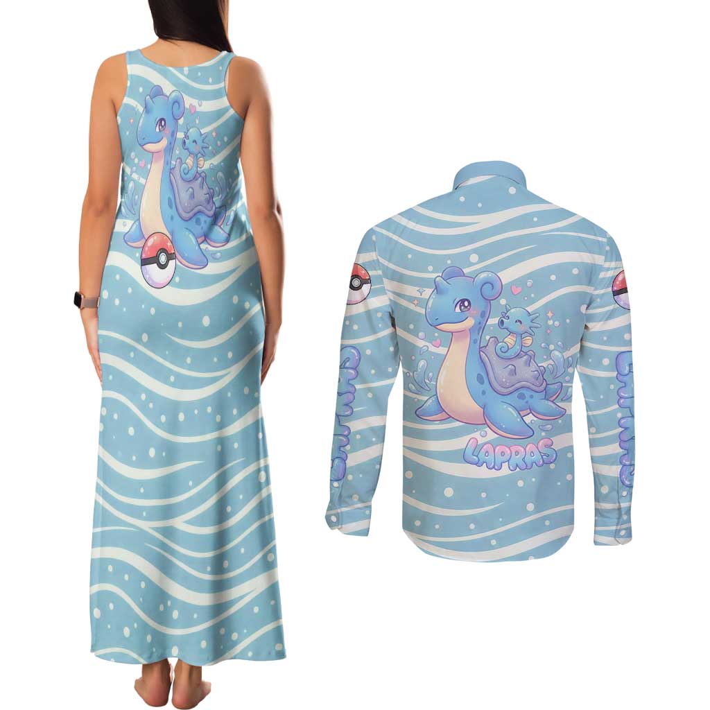 Lapras Couples Matching Tank Maxi Dress and Long Sleeve Button Shirt Pastel Ocean Waves Kawaii Art