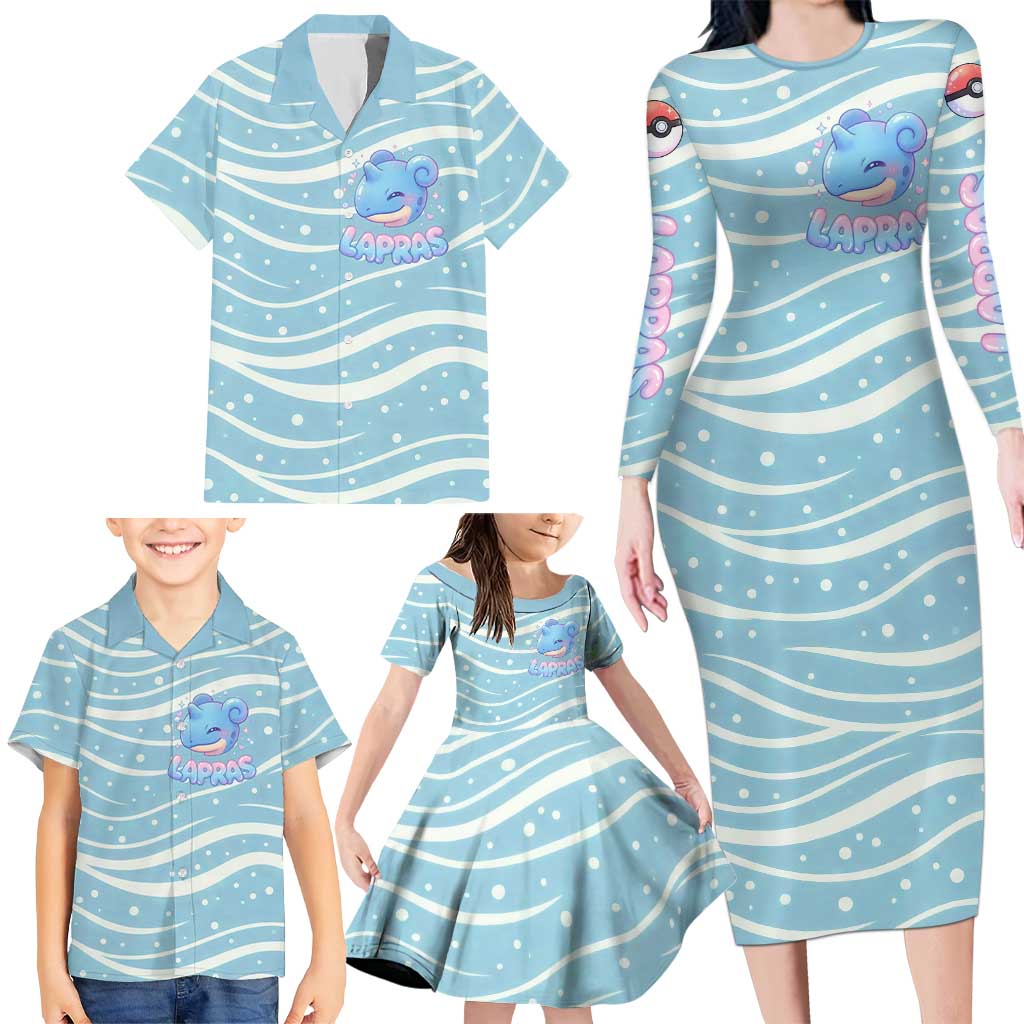 Lapras Family Matching Long Sleeve Bodycon Dress and Hawaiian Shirt Pastel Ocean Waves Kawaii Art