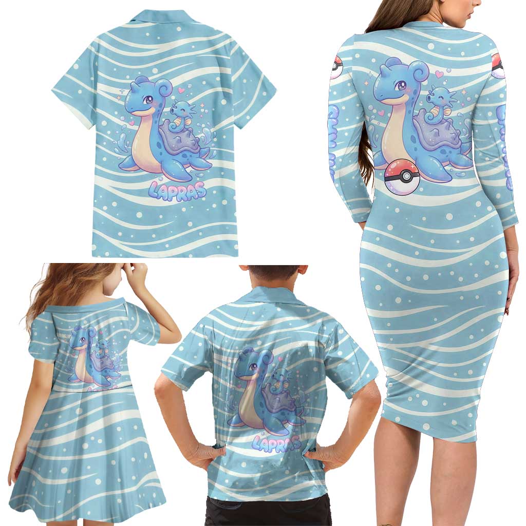 Lapras Family Matching Long Sleeve Bodycon Dress and Hawaiian Shirt Pastel Ocean Waves Kawaii Art
