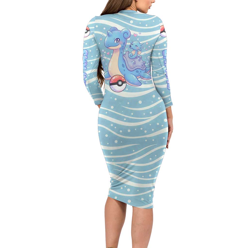 Lapras Family Matching Long Sleeve Bodycon Dress and Hawaiian Shirt Pastel Ocean Waves Kawaii Art