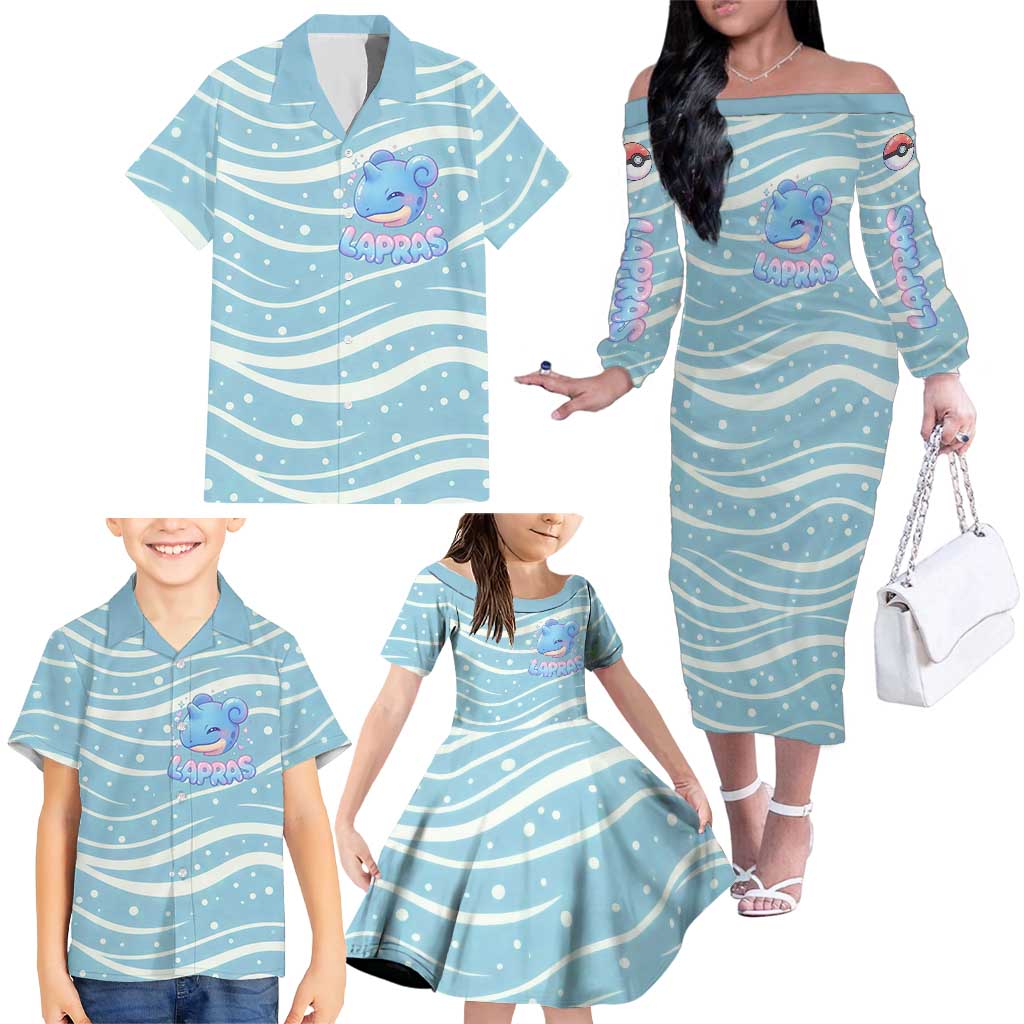 Lapras Family Matching Off The Shoulder Long Sleeve Dress and Hawaiian Shirt Pastel Ocean Waves Kawaii Art