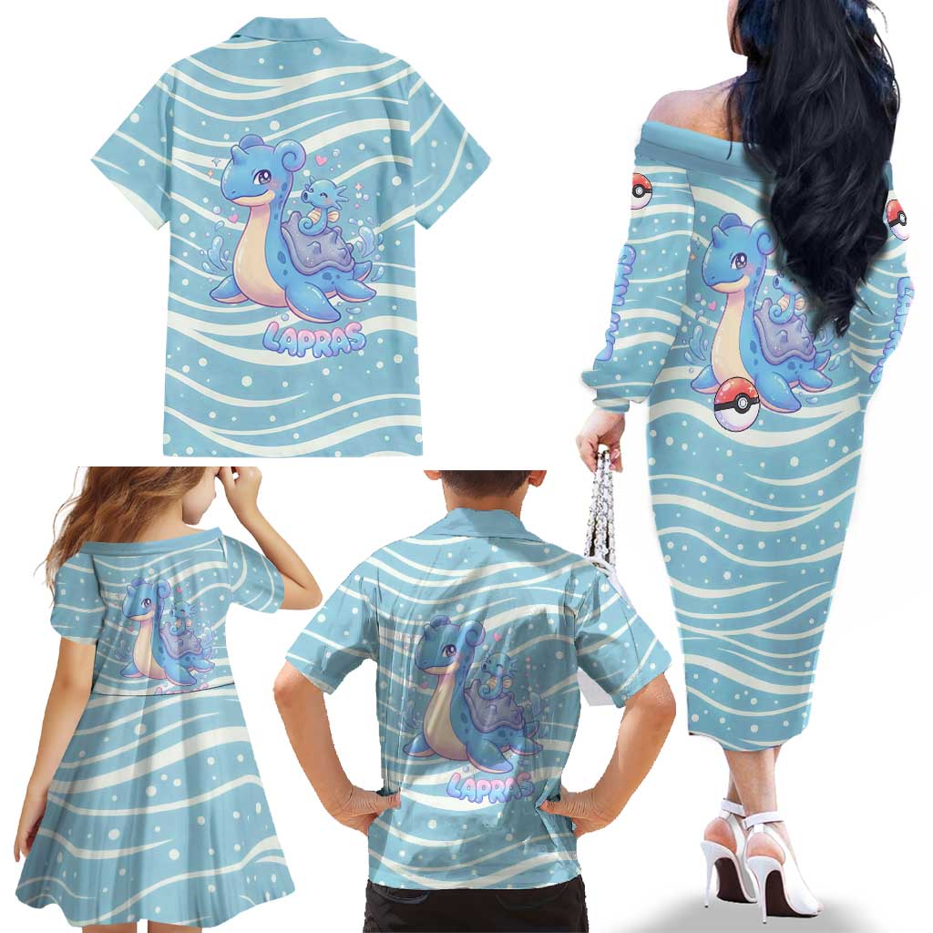 Lapras Family Matching Off The Shoulder Long Sleeve Dress and Hawaiian Shirt Pastel Ocean Waves Kawaii Art