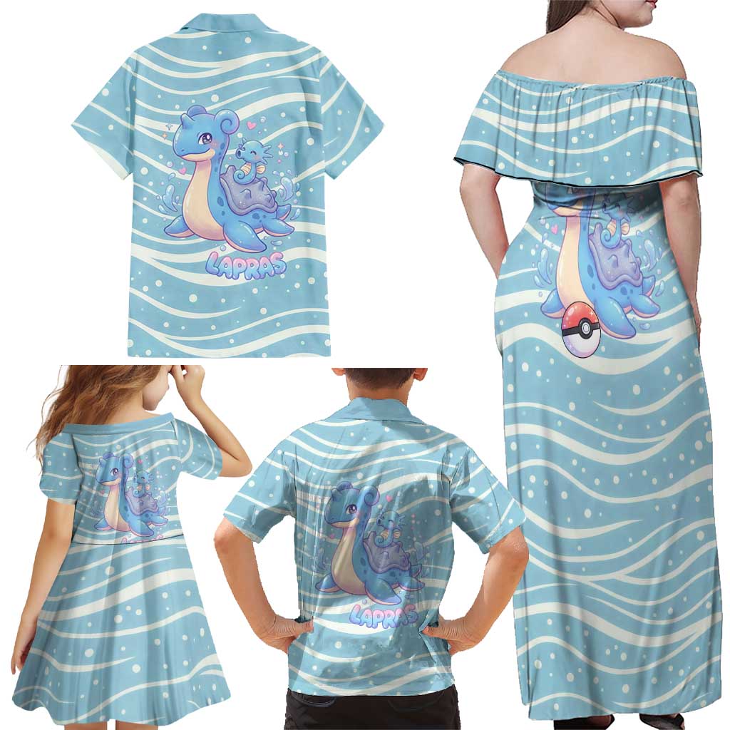 Lapras Family Matching Off Shoulder Maxi Dress and Hawaiian Shirt Pastel Ocean Waves Kawaii Art