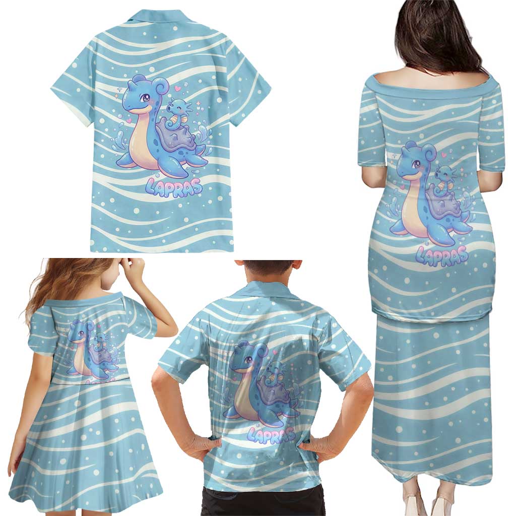 Lapras Family Matching Puletasi and Hawaiian Shirt Pastel Ocean Waves Kawaii Art