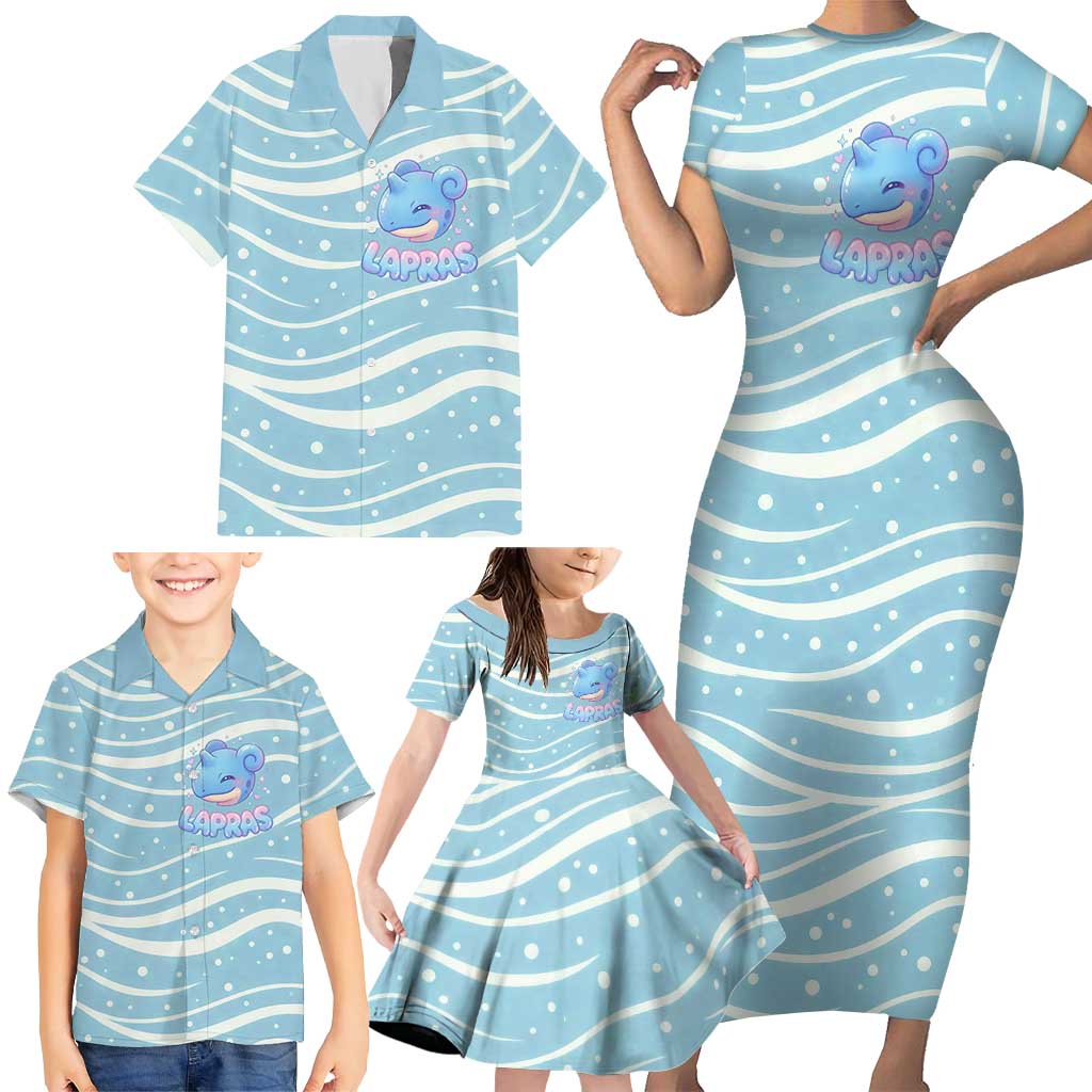 Lapras Family Matching Short Sleeve Bodycon Dress and Hawaiian Shirt Pastel Ocean Waves Kawaii Art