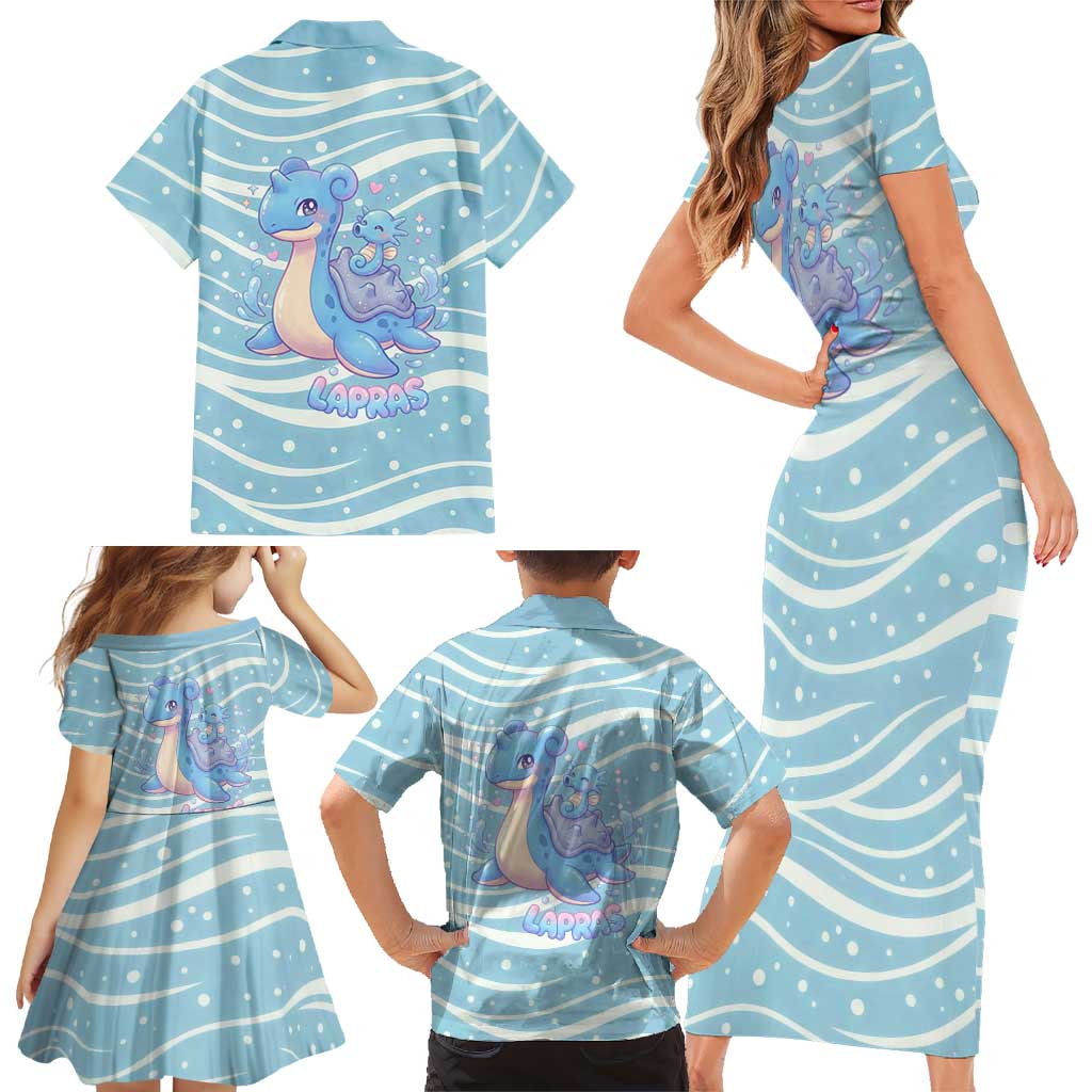 Lapras Family Matching Short Sleeve Bodycon Dress and Hawaiian Shirt Pastel Ocean Waves Kawaii Art