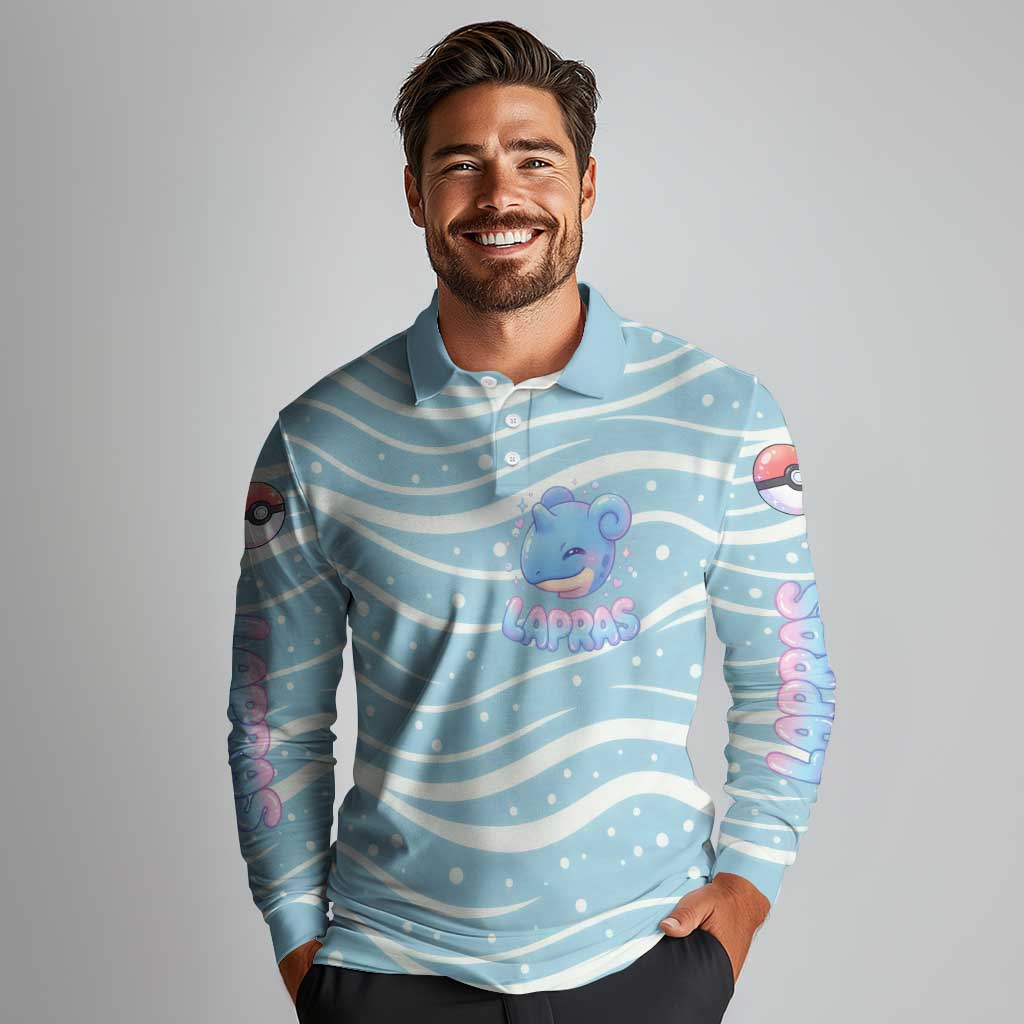 Lapras Long Sleeve Polo Shirt Pastel Ocean Waves Kawaii Art