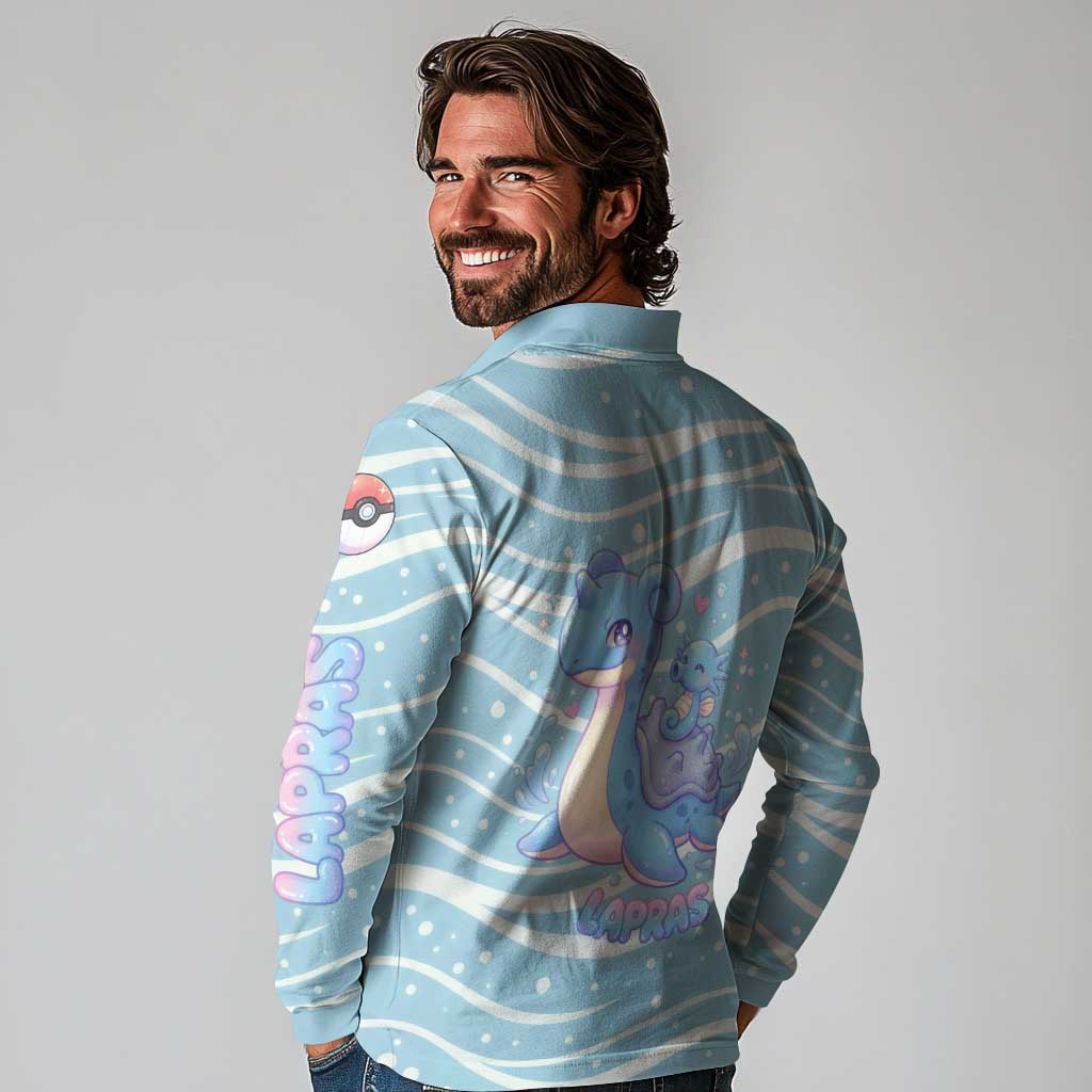Lapras Long Sleeve Polo Shirt Pastel Ocean Waves Kawaii Art