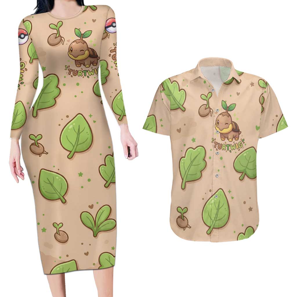 Turtwig Couples Matching Long Sleeve Bodycon Dress and Hawaiian Shirt Whimsical Forest Sprout Art