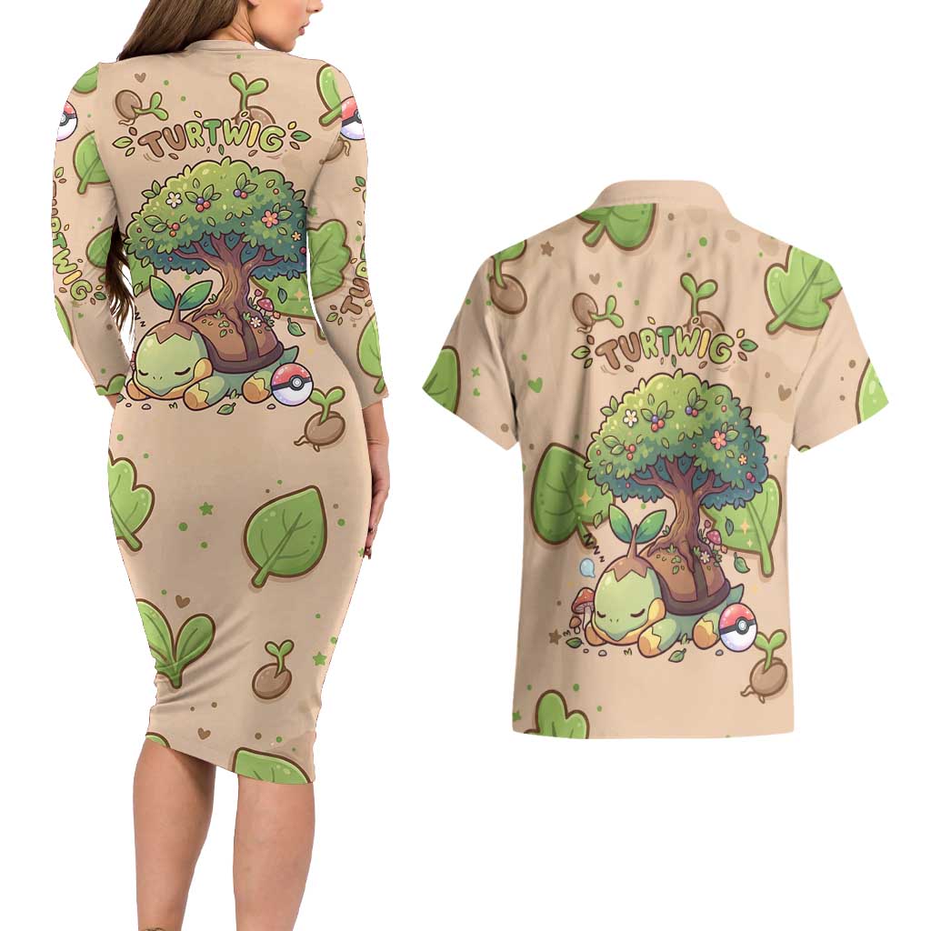 Turtwig Couples Matching Long Sleeve Bodycon Dress and Hawaiian Shirt Whimsical Forest Sprout Art