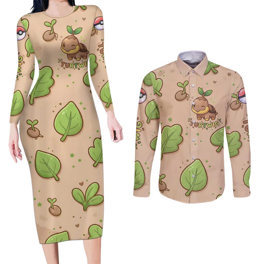 Turtwig Couples Matching Long Sleeve Bodycon Dress and Long Sleeve Button Shirt Whimsical Forest Sprout Art