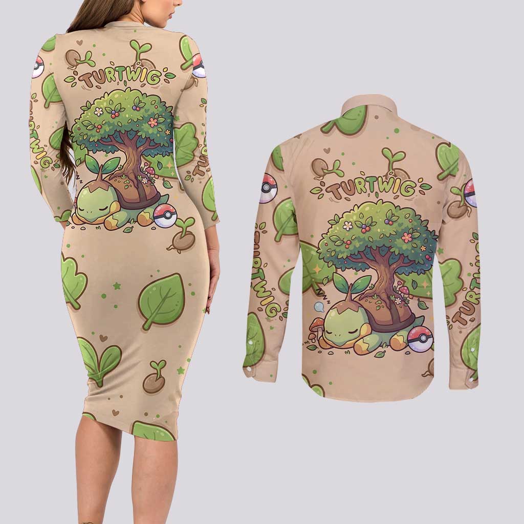 Turtwig Couples Matching Long Sleeve Bodycon Dress and Long Sleeve Button Shirt Whimsical Forest Sprout Art