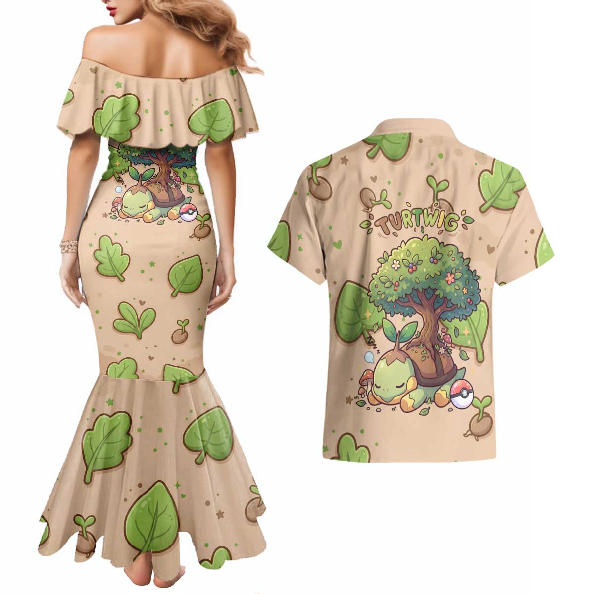 Turtwig Couples Matching Mermaid Dress and Hawaiian Shirt Whimsical Forest Sprout Art