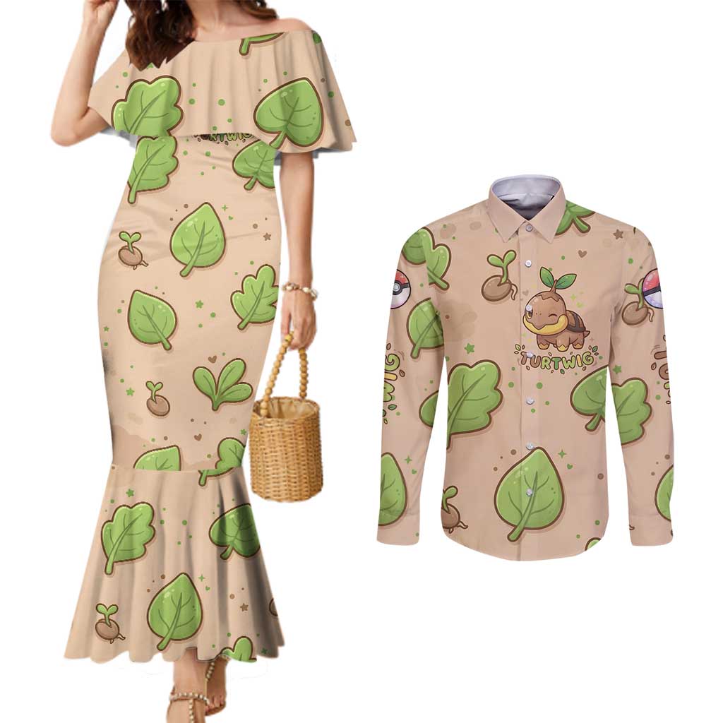 Turtwig Couples Matching Mermaid Dress and Long Sleeve Button Shirt Whimsical Forest Sprout Art