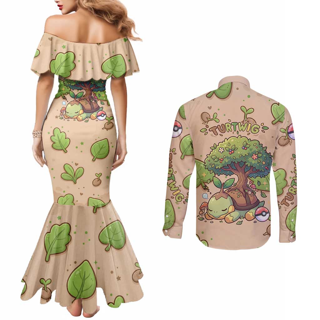 Turtwig Couples Matching Mermaid Dress and Long Sleeve Button Shirt Whimsical Forest Sprout Art