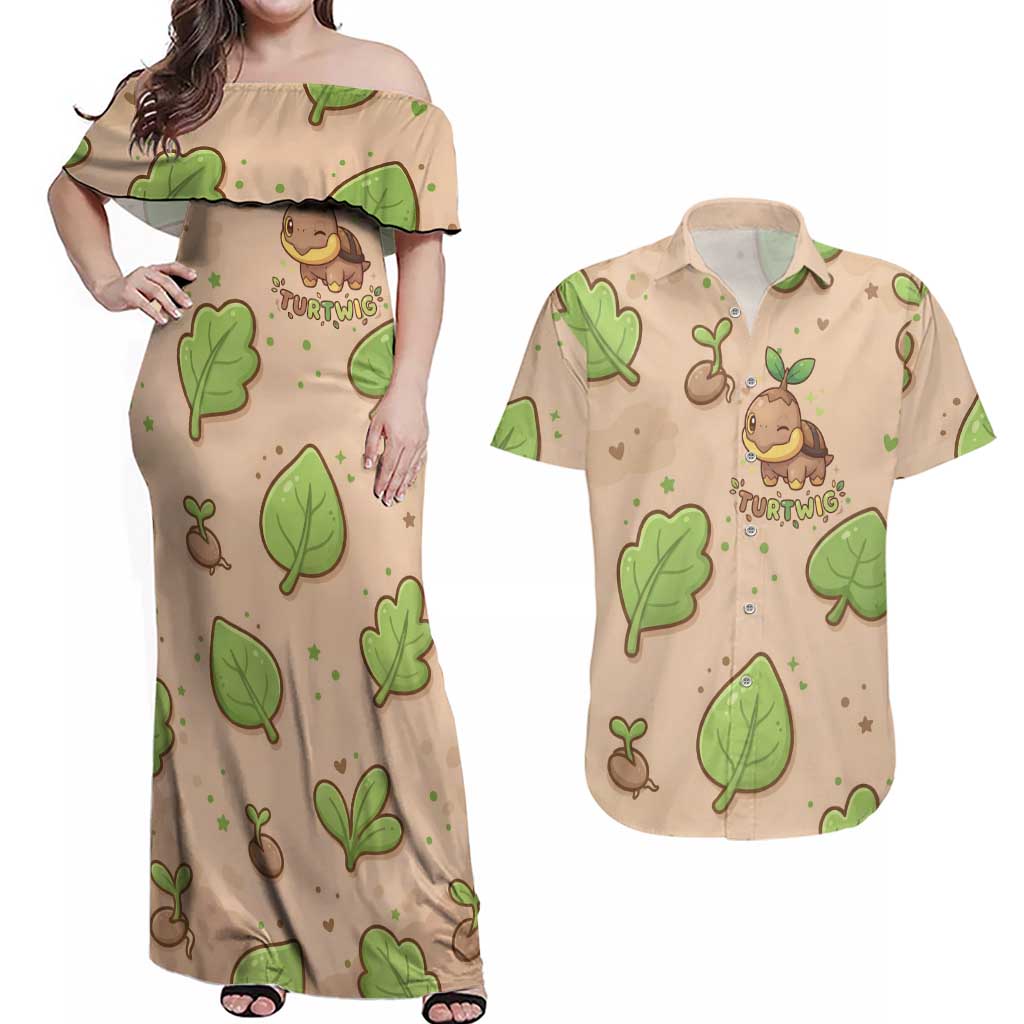 Turtwig Couples Matching Off Shoulder Maxi Dress and Hawaiian Shirt Whimsical Forest Sprout Art
