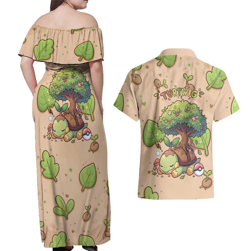 Turtwig Couples Matching Off Shoulder Maxi Dress and Hawaiian Shirt Whimsical Forest Sprout Art
