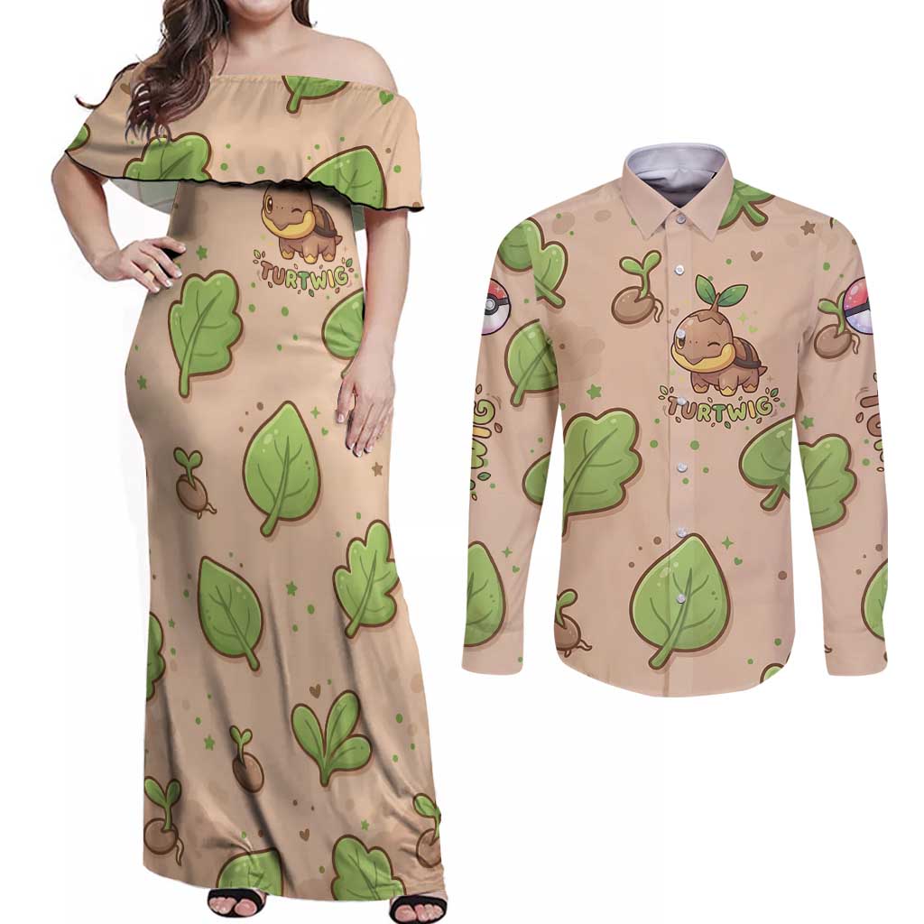 Turtwig Couples Matching Off Shoulder Maxi Dress and Long Sleeve Button Shirt Whimsical Forest Sprout Art