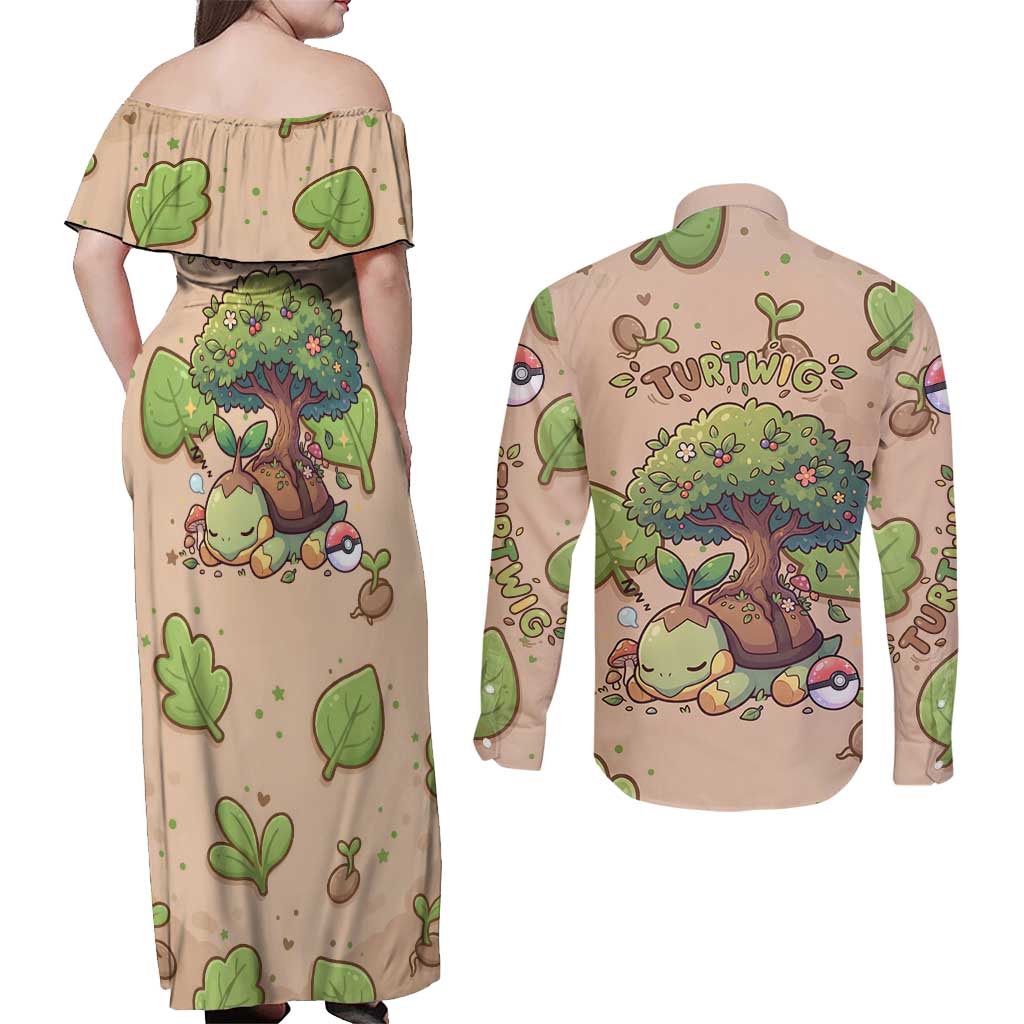 Turtwig Couples Matching Off Shoulder Maxi Dress and Long Sleeve Button Shirt Whimsical Forest Sprout Art