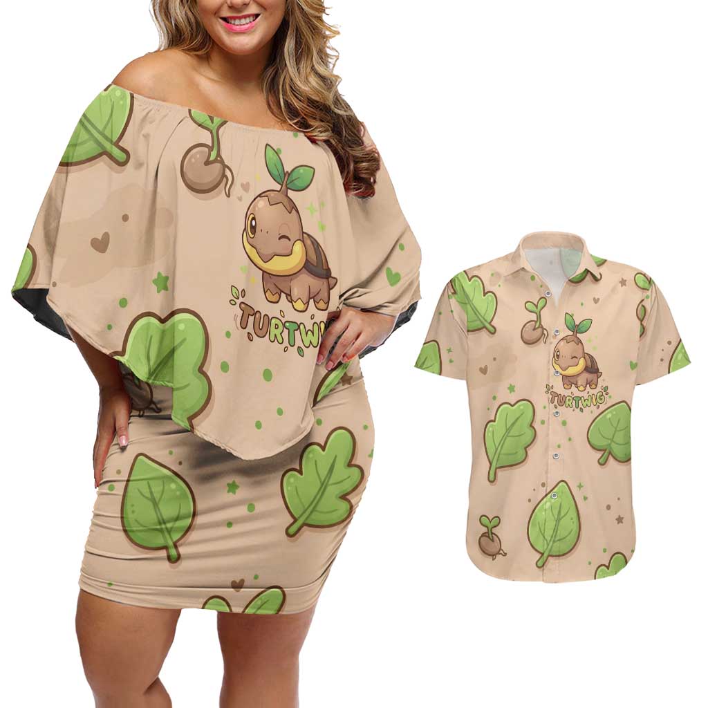Turtwig Couples Matching Off Shoulder Short Dress and Hawaiian Shirt Whimsical Forest Sprout Art