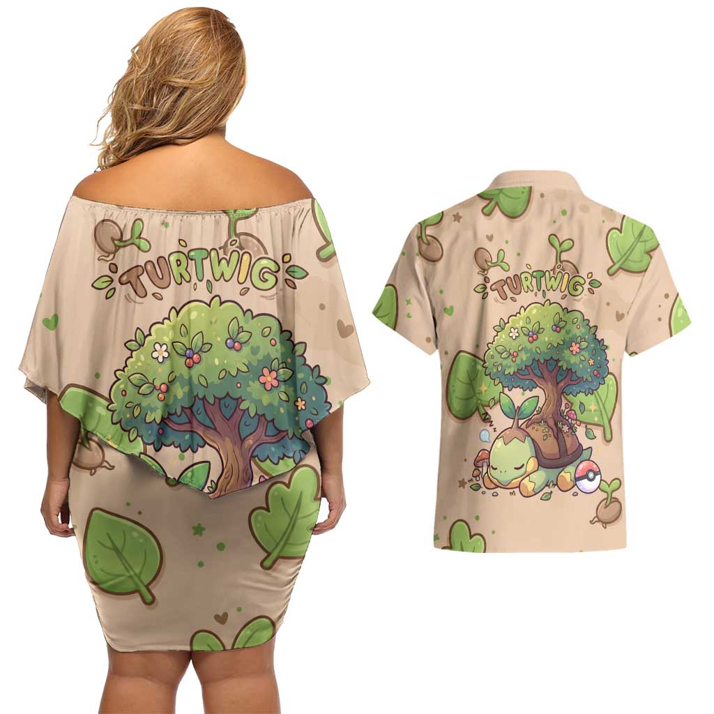 Turtwig Couples Matching Off Shoulder Short Dress and Hawaiian Shirt Whimsical Forest Sprout Art