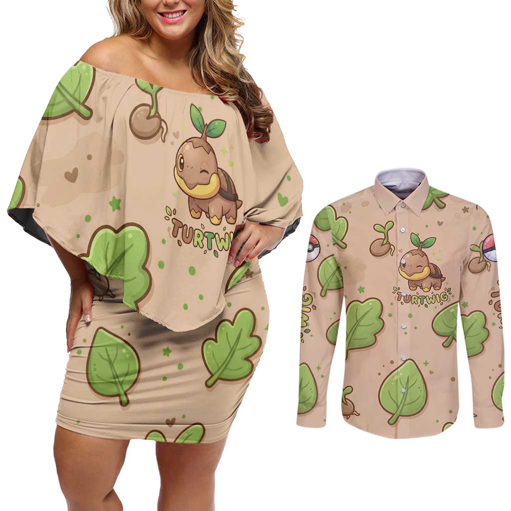 Turtwig Couples Matching Off Shoulder Short Dress and Long Sleeve Button Shirt Whimsical Forest Sprout Art