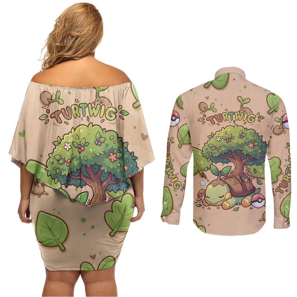 Turtwig Couples Matching Off Shoulder Short Dress and Long Sleeve Button Shirt Whimsical Forest Sprout Art