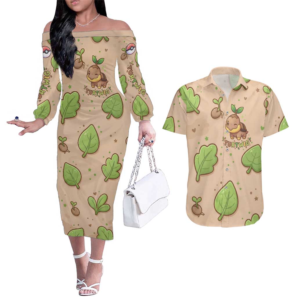 Turtwig Couples Matching Off The Shoulder Long Sleeve Dress and Hawaiian Shirt Whimsical Forest Sprout Art