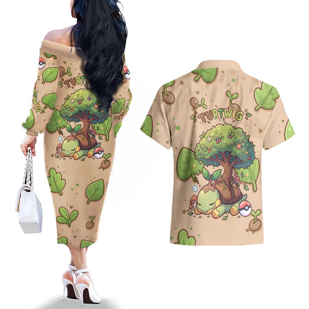 Turtwig Couples Matching Off The Shoulder Long Sleeve Dress and Hawaiian Shirt Whimsical Forest Sprout Art