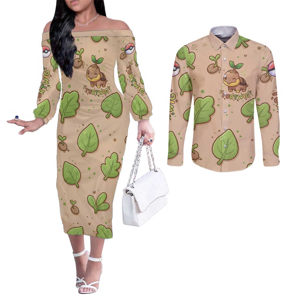 Turtwig Couples Matching Off The Shoulder Long Sleeve Dress and Long Sleeve Button Shirt Whimsical Forest Sprout Art