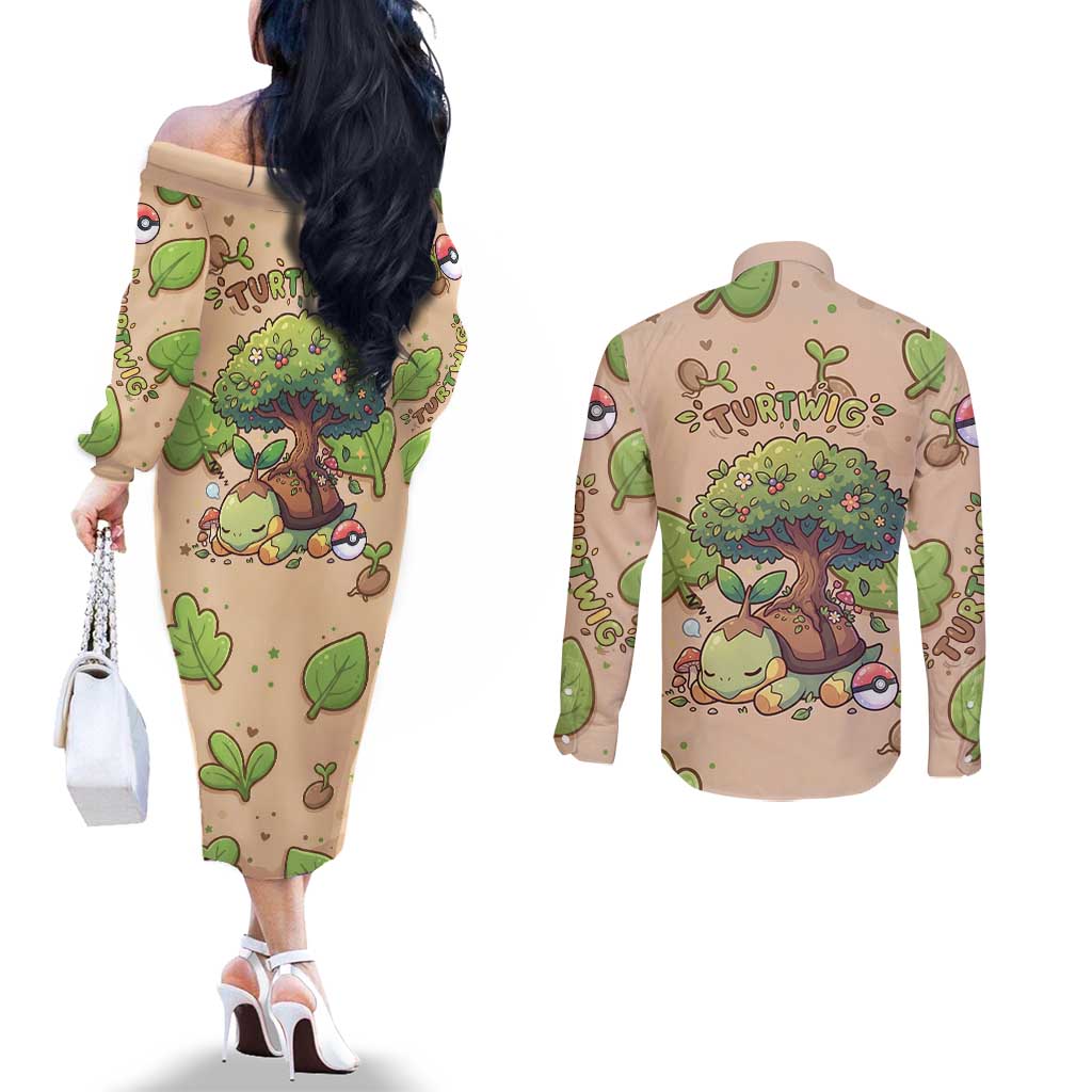 Turtwig Couples Matching Off The Shoulder Long Sleeve Dress and Long Sleeve Button Shirt Whimsical Forest Sprout Art
