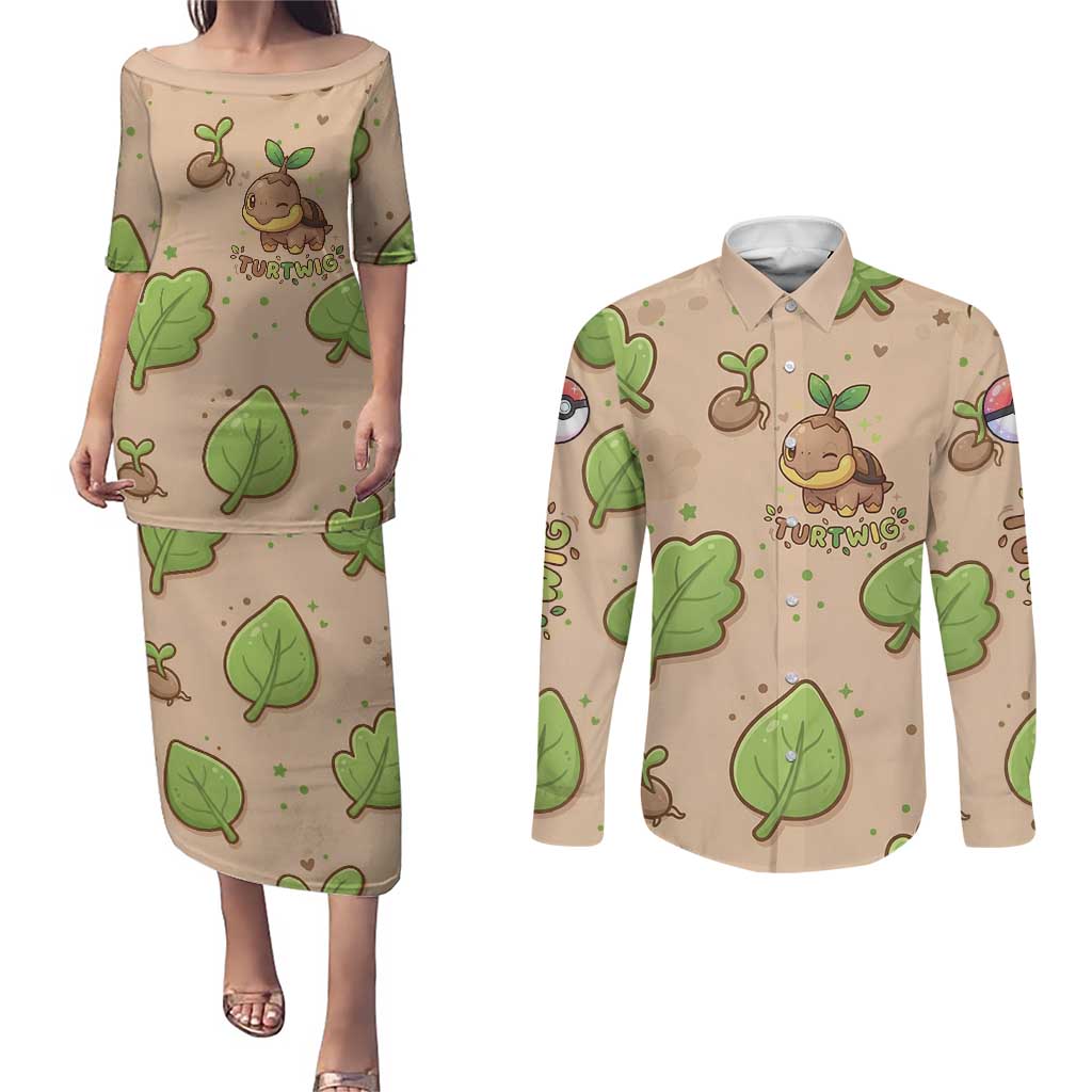Turtwig Couples Matching Puletasi and Long Sleeve Button Shirt Whimsical Forest Sprout Art