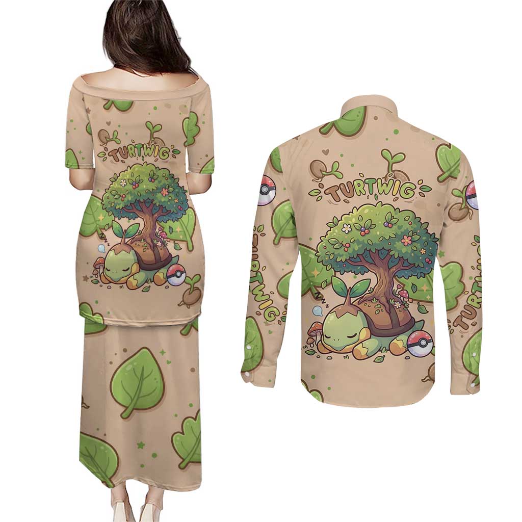 Turtwig Couples Matching Puletasi and Long Sleeve Button Shirt Whimsical Forest Sprout Art