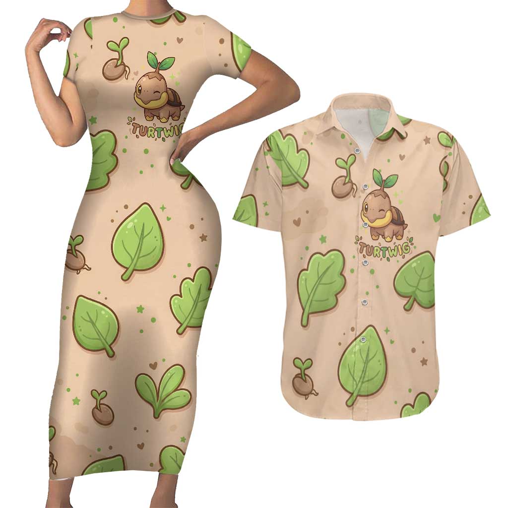 Turtwig Couples Matching Short Sleeve Bodycon Dress and Hawaiian Shirt Whimsical Forest Sprout Art