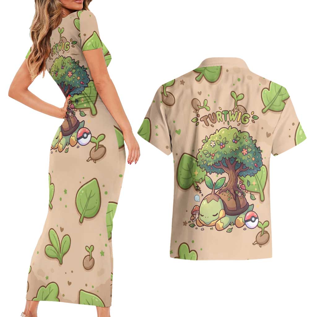 Turtwig Couples Matching Short Sleeve Bodycon Dress and Hawaiian Shirt Whimsical Forest Sprout Art