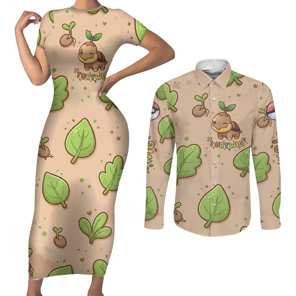 Turtwig Couples Matching Short Sleeve Bodycon Dress and Long Sleeve Button Shirt Whimsical Forest Sprout Art