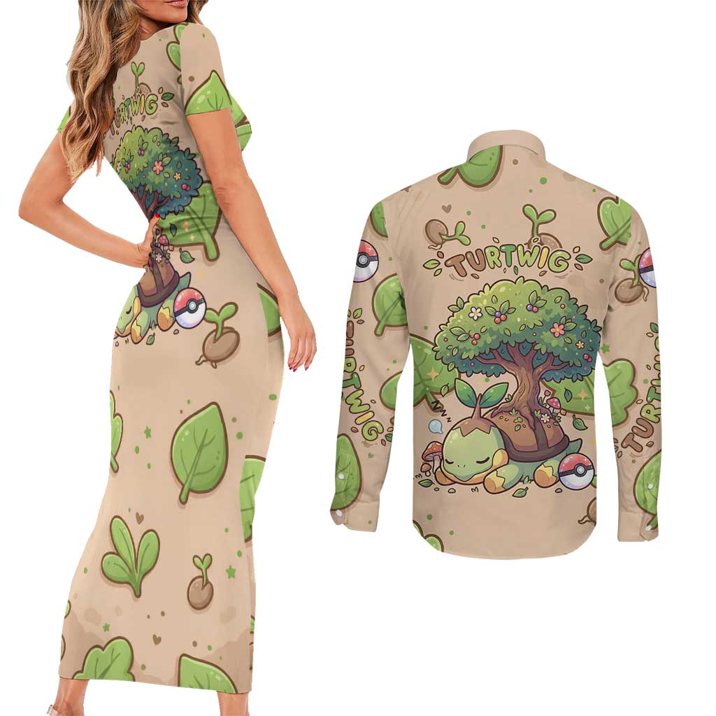 Turtwig Couples Matching Short Sleeve Bodycon Dress and Long Sleeve Button Shirt Whimsical Forest Sprout Art