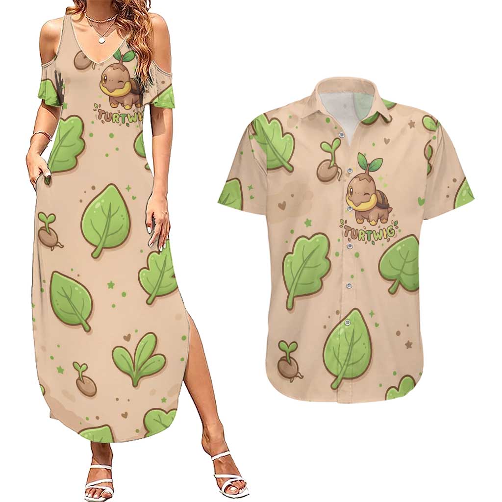Turtwig Couples Matching Summer Maxi Dress and Hawaiian Shirt Whimsical Forest Sprout Art