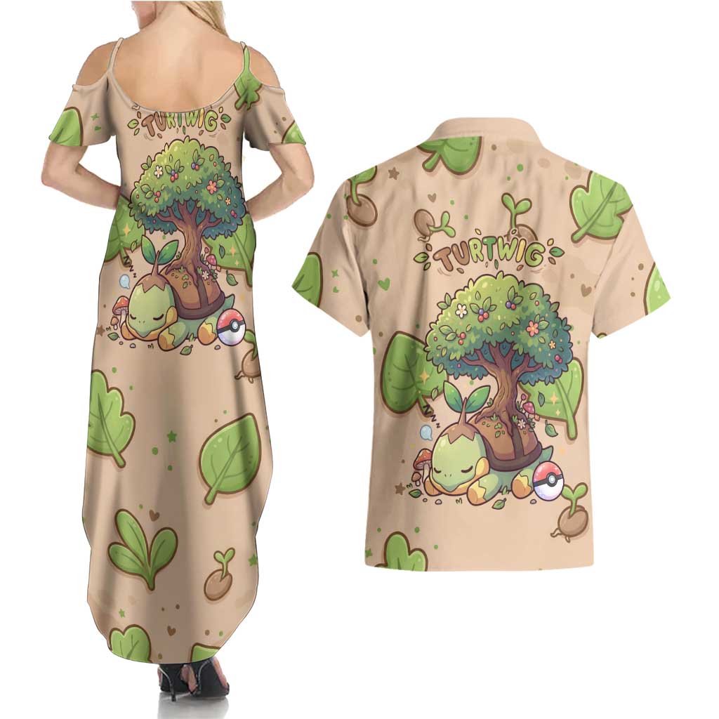 Turtwig Couples Matching Summer Maxi Dress and Hawaiian Shirt Whimsical Forest Sprout Art