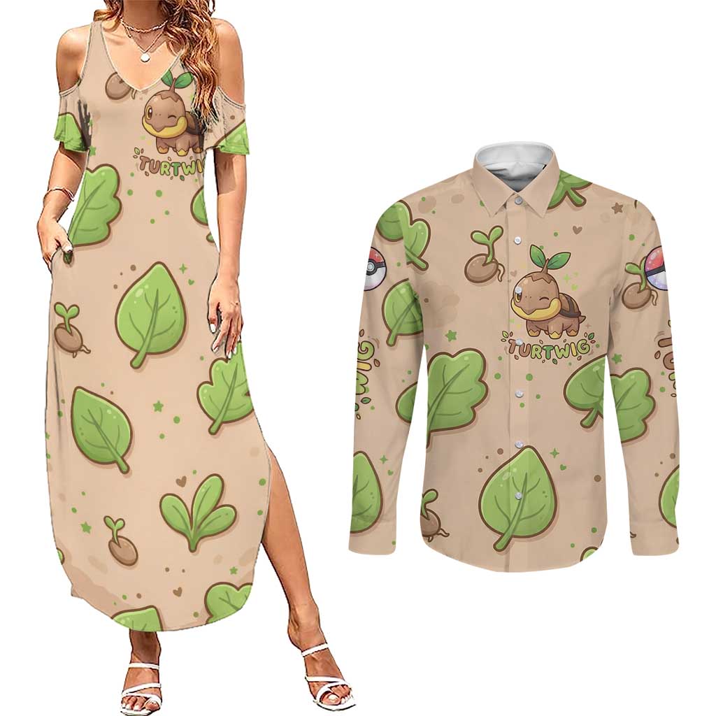 Turtwig Couples Matching Summer Maxi Dress and Long Sleeve Button Shirt Whimsical Forest Sprout Art