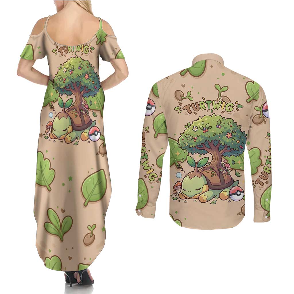 Turtwig Couples Matching Summer Maxi Dress and Long Sleeve Button Shirt Whimsical Forest Sprout Art