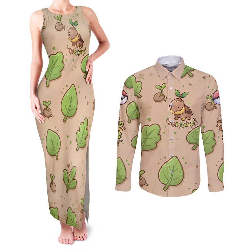 Turtwig Couples Matching Tank Maxi Dress and Long Sleeve Button Shirt Whimsical Forest Sprout Art