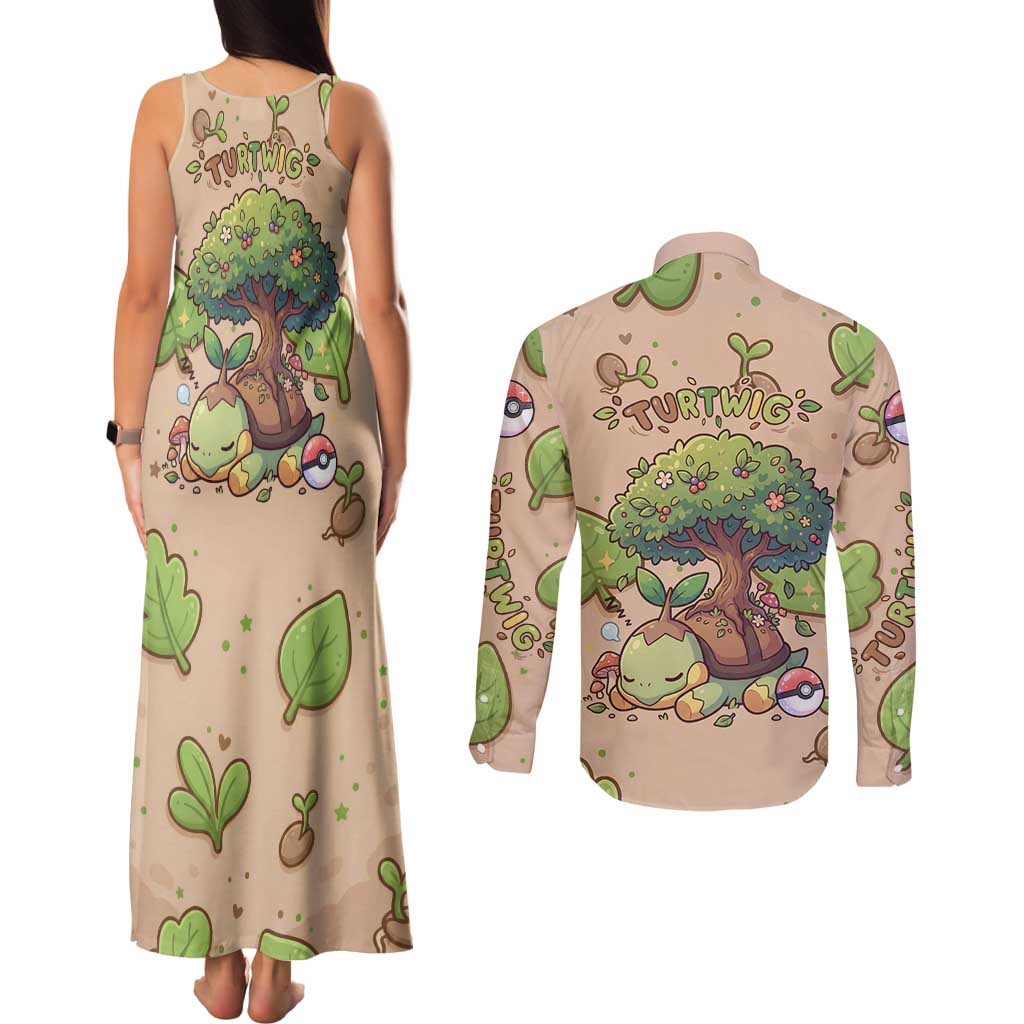 Turtwig Couples Matching Tank Maxi Dress and Long Sleeve Button Shirt Whimsical Forest Sprout Art