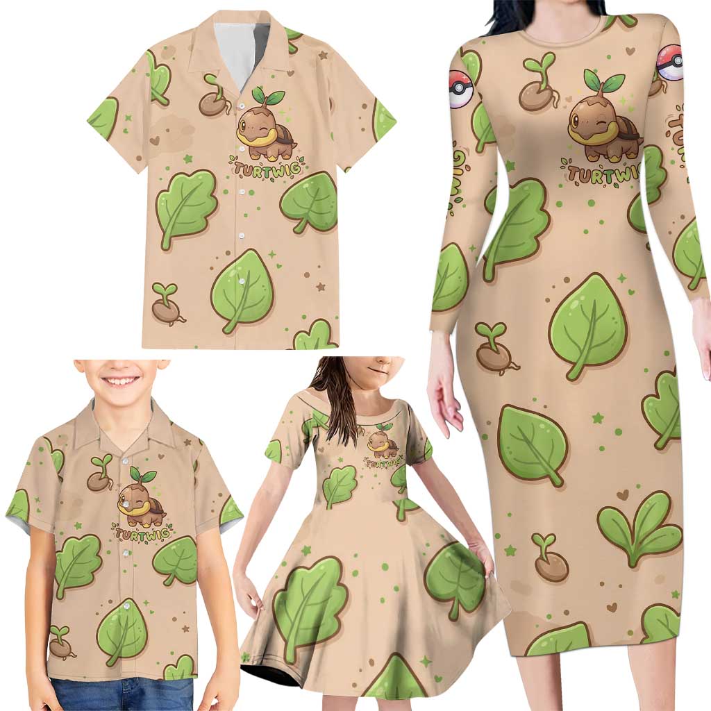 Turtwig Family Matching Long Sleeve Bodycon Dress and Hawaiian Shirt Whimsical Forest Sprout Art