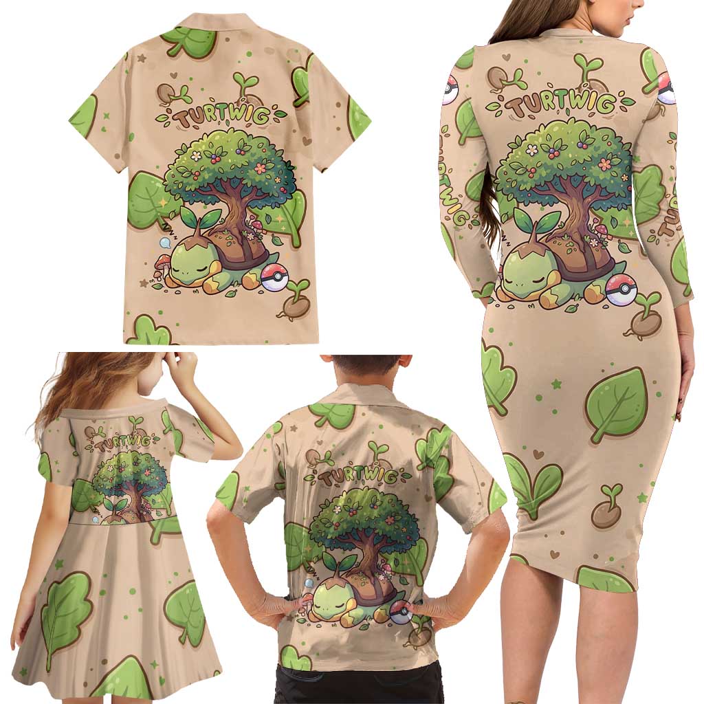 Turtwig Family Matching Long Sleeve Bodycon Dress and Hawaiian Shirt Whimsical Forest Sprout Art