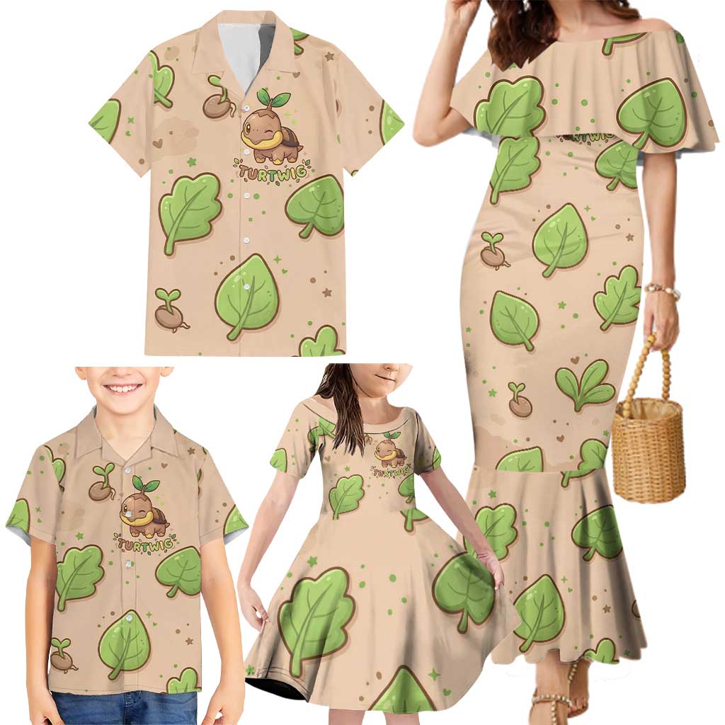 Turtwig Family Matching Mermaid Dress and Hawaiian Shirt Whimsical Forest Sprout Art
