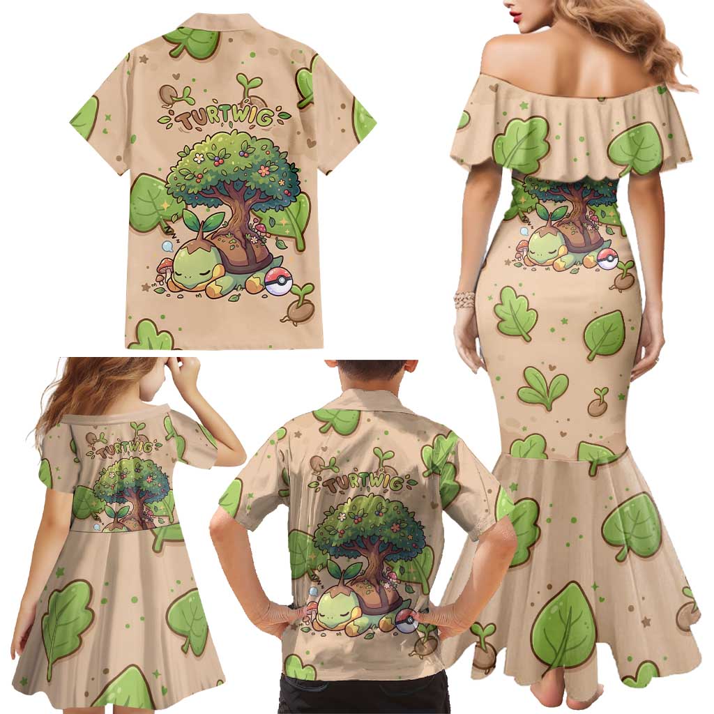 Turtwig Family Matching Mermaid Dress and Hawaiian Shirt Whimsical Forest Sprout Art