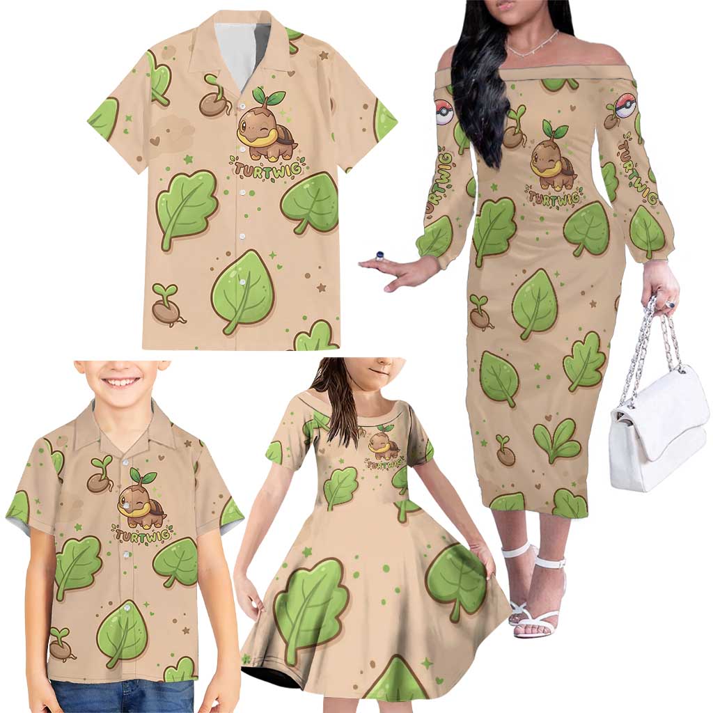 Turtwig Family Matching Off The Shoulder Long Sleeve Dress and Hawaiian Shirt Whimsical Forest Sprout Art