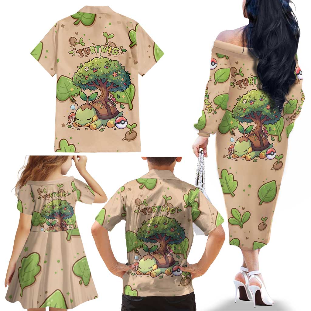Turtwig Family Matching Off The Shoulder Long Sleeve Dress and Hawaiian Shirt Whimsical Forest Sprout Art