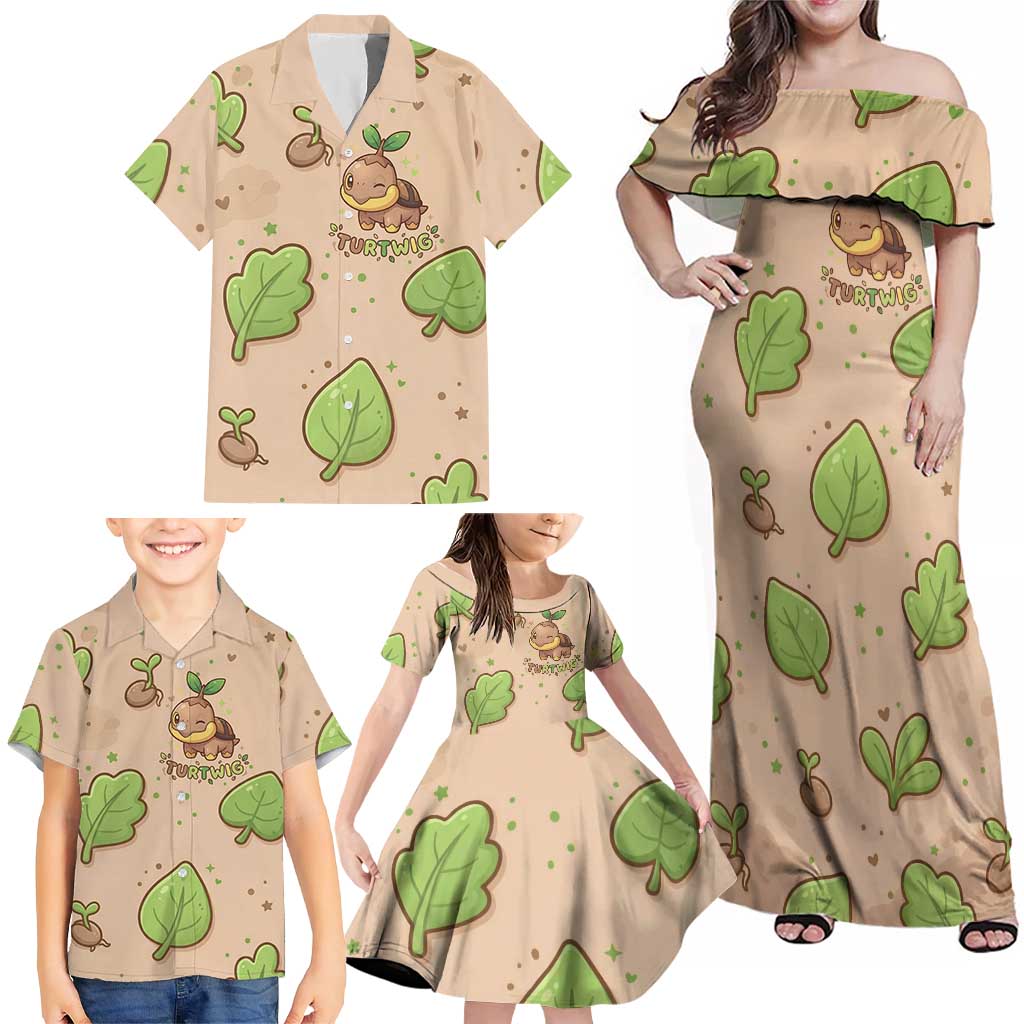 Turtwig Family Matching Off Shoulder Maxi Dress and Hawaiian Shirt Whimsical Forest Sprout Art
